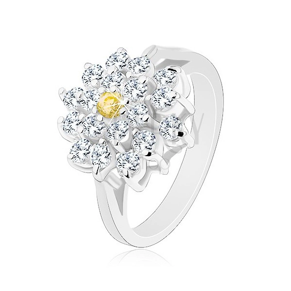 Gyűrű ezüst színben, nagy cirkóniás átlátszó virág, sárga közép