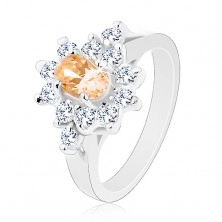 Ezüst színű gyűrű, világos narancssárga ovális cirkónia átlátszó szegéllyel