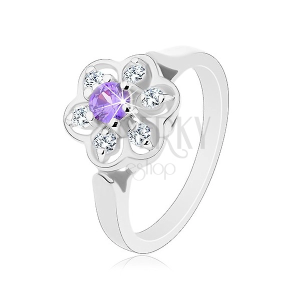 Csillogó gyűrű ezüst árnyalatban, lila-átlátszó cirkóniás virág