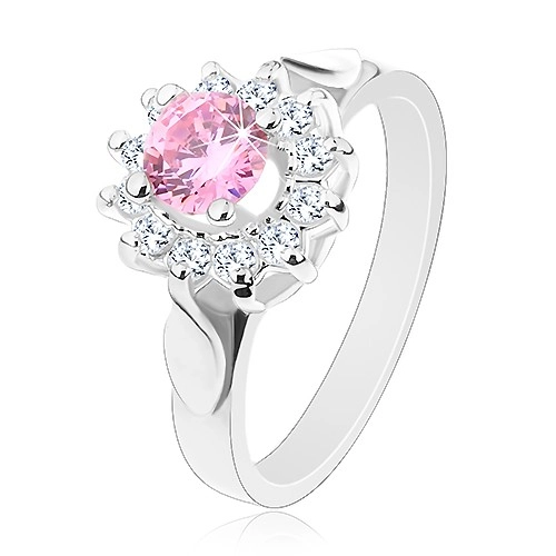 Ezüst színű gyűrű, világos rózsaszín cirkóniás virág, fényles levelek az oldalakon - Nagyság: 56