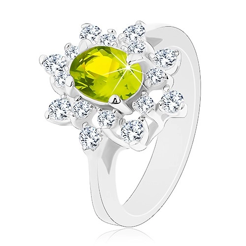 Ezüst színű gyűrű, zöldes átlátszó csillogó virág - Nagyság: 51