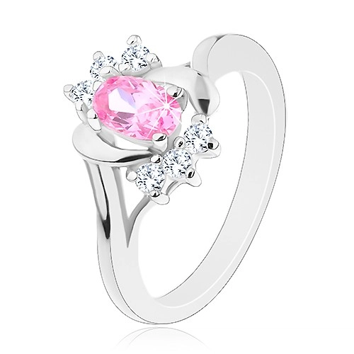 Ezüst színű gyűrű, nagy rózsaszín ovális, sima és cirkóniás ívek - Nagyság: 54