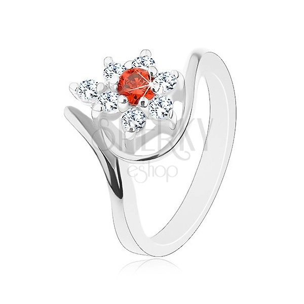 Fényes ezüst színű gyűrű, hajlított szárak, piros - átlátszó virág