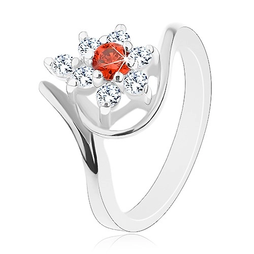 Fényes ezüst színű gyűrű, hajlított szárak, piros - átlátszó virág - Nagyság: 51