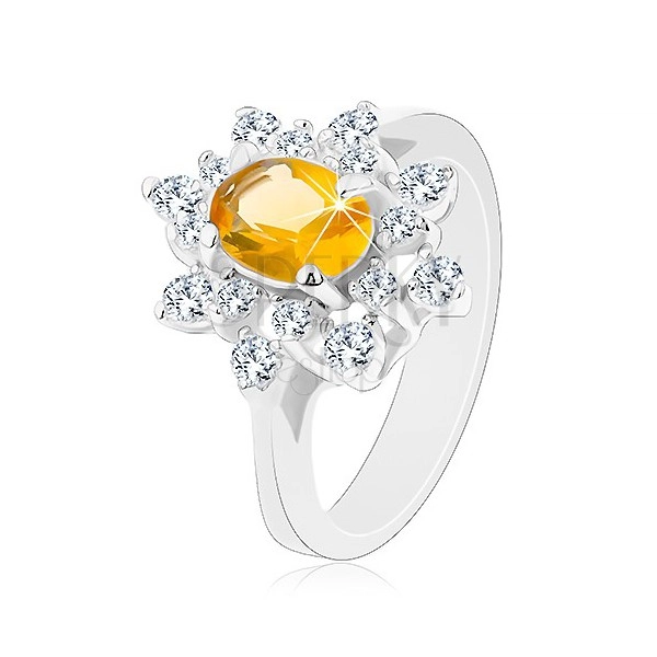 Gyűrű ezüst színben, csillogó virág sárga és átlátszó cirkóniákkal