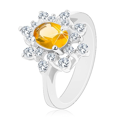 Gyűrű ezüst színben, csillogó virág sárga és átlátszó cirkóniákkal - Nagyság: 51