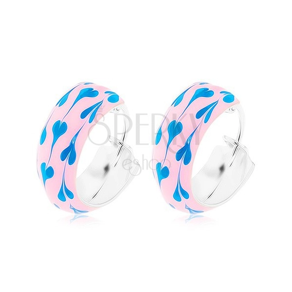 925 ezüst fülbevaló, rózsaszín fénymáz kék szívecskékkel, 15 mm