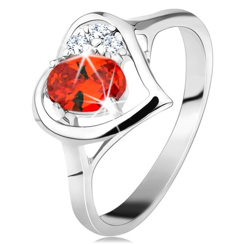 Gyűrű ezüst színben, szívkörvonal narancssárga oválissal és átlátszó cirkóniákkal - Nagyság: 51