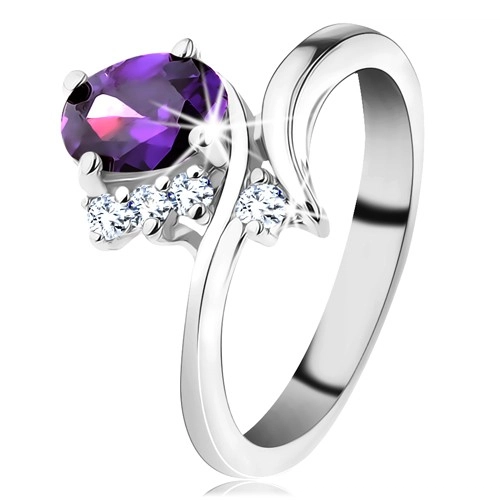 Ezüst színű gyűrű, keskeny ívelt szárak, lila csiszolt ovális - Nagyság: 54