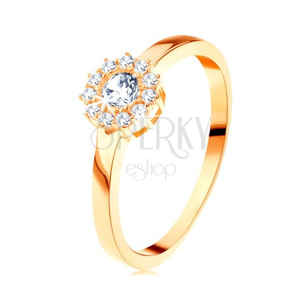 Gyűrű 14K sárga aranyból - csillogó virág kerek átlátszó cirkóniákkal