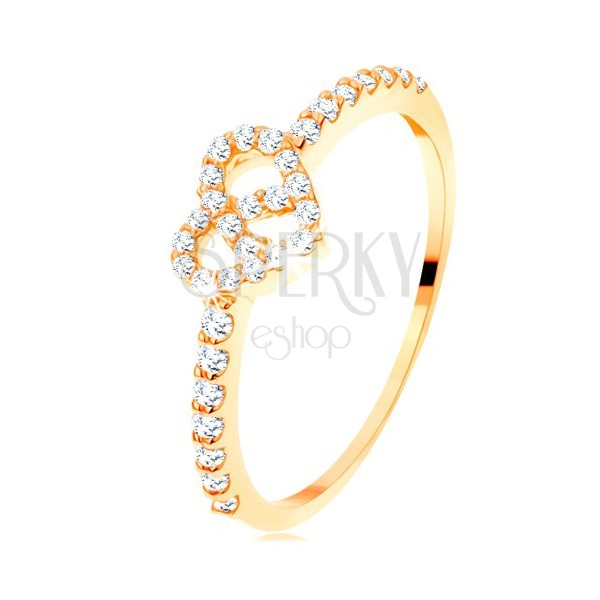 Gyűrű 14K sárga aranyból - cirkóniás szárak, csillogó átlátszó szívkörvonal