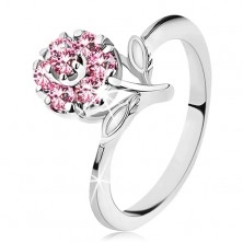 Gyűrű csillogó cirkóniás virággal rózsaszínben, keskeny fényes szárak
