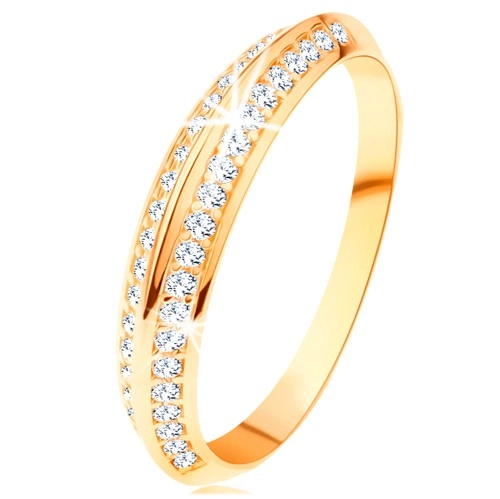 Gyűrű 14K sárga aranyból, lemetszett csillogó szárak, fényes sima vonalak - Nagyság: 65
