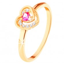 585 arany gyűrű - rózsaszín cirkóniás szív kettős szegéllyel