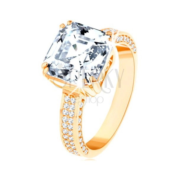 585 arany luxus gyűrű - nagy csiszolt cirkónia díszített foglalatban, cirkóniás vonalak