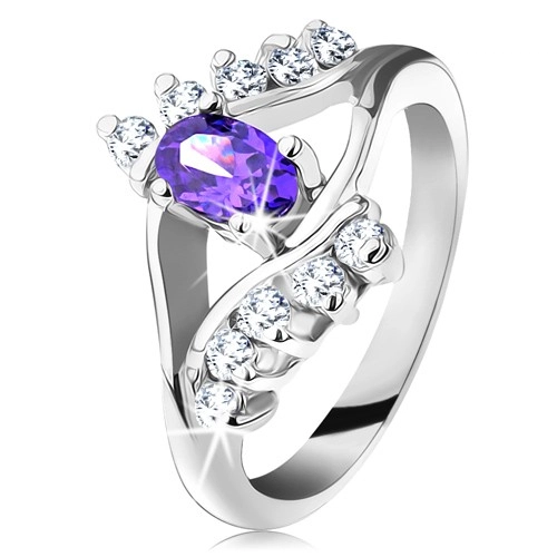 Fényes gyűrű ezüst színben lila ovális cirkóniával, átlátszó vonal - Nagyság: 56