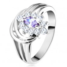 Fényes ezüst színű gyűrű, szétosztott szárak, világos lila szem