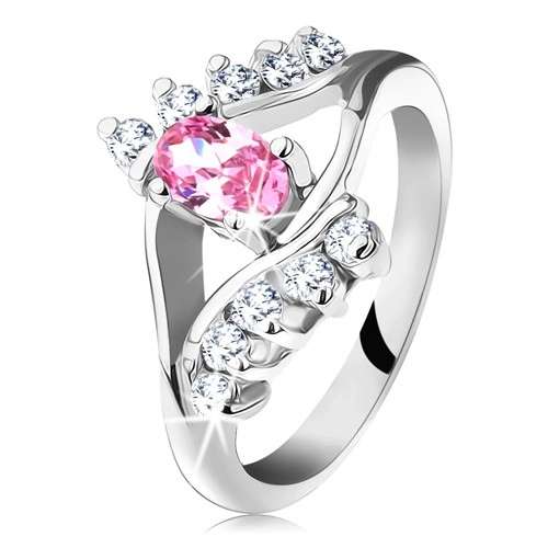 Csillogó gyűrű ezüst árnyalatban, rózsaszín csiszolt ovális, átlátszó cirkóniák - Nagyság: 51