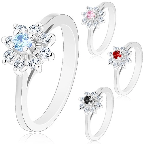 Csillogó gyűrű ezüst színben, szűkített szárak, cirkóniás virág - Nagyság: 55, Szín: Rózsaszín