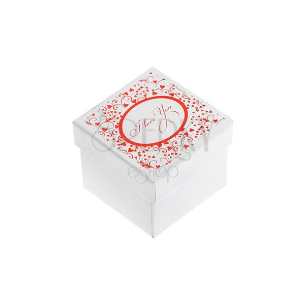 Fényes fehér dobozka gyűrűre, fülbevalóra vagy medálra, piros minta, felirat