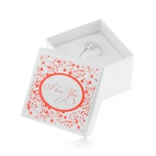 Fényes fehér dobozka gyűrűre, fülbevalóra vagy medálra, piros minta, felirat