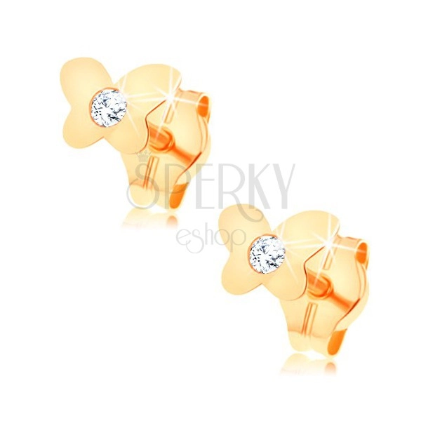 Beszúrós fülbevaló 14K sárga aranyból - fényes lapos pillangó, átlátszó cirkónia