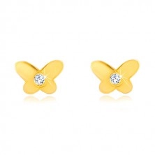 Beszúrós fülbevaló 14K sárga aranyból - fényes lapos pillangó, átlátszó cirkónia