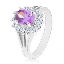 Csillogó gyűrű ezüst színben, lila ovális, áttetsző cirkóniás szegély