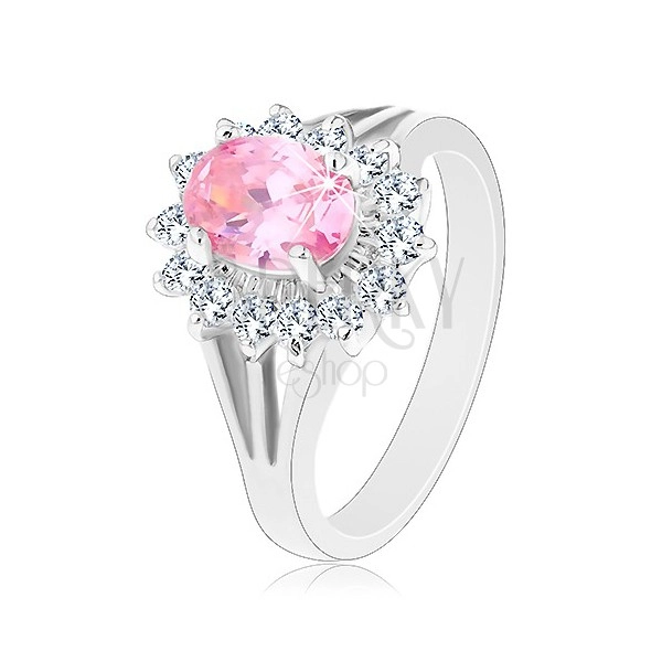 Gyűrű cirkóniás virággal rózsaszín és átlátszó színben, osztott szárak