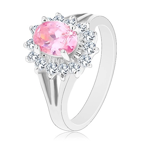Gyűrű cirkóniás virággal rózsaszín és átlátszó színben, osztott szárak - Nagyság: 58