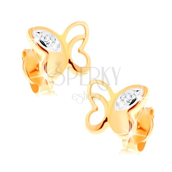 14K sárga arany fülbevaló - pillangó díszes vágatokkal és átlátszó cirkóniákkal