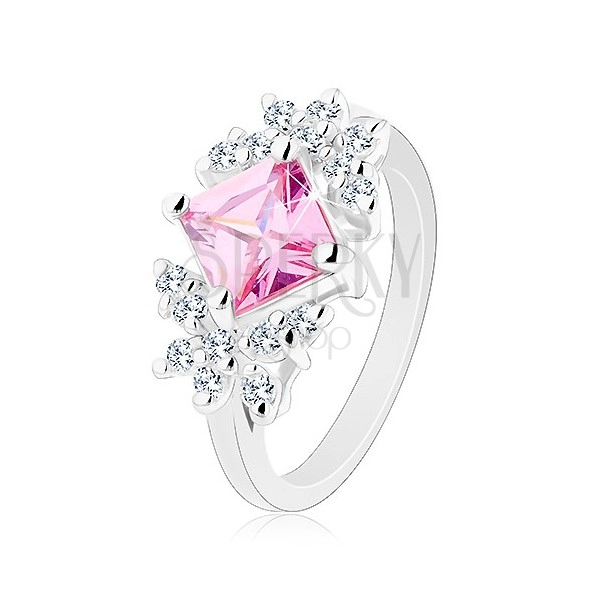 Ezüst színű gyűrű, csiszolt rózsaszín cirkóniás négyzet, átlátszó pillangó