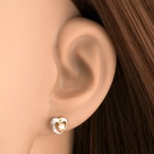 14K arany fülbevaló - szív körvonal kétszínű változatban, cirkónia