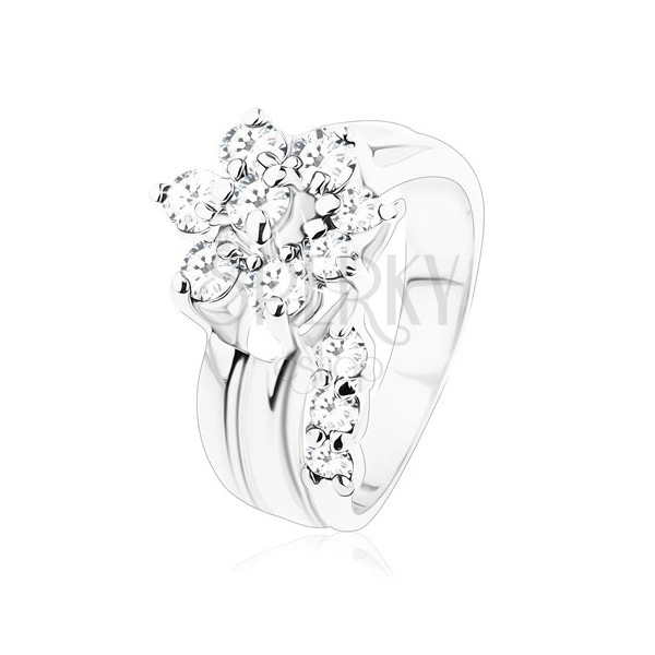 Ezüst színű gyűrű, csillogó virág átlátszó cirkóniákból, szétválasztott szárak