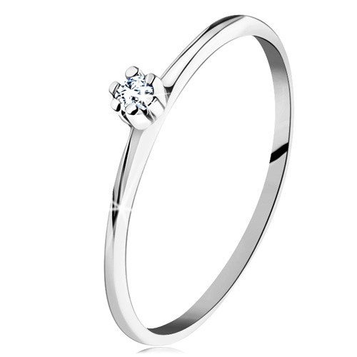 Gyűrű 14K fehér aranyból - fényes metszett szárak, kerek átlátszó gyémánt - Nagyság: 60