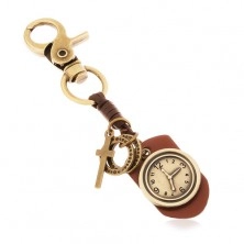 Kulcstartó bronz színben, műbőr órával, karikák és kereszt