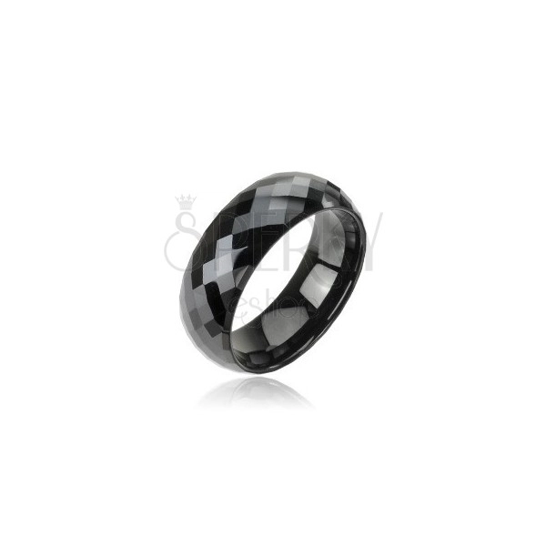 Fényes tungsten gyűrű fekete árnyalatban - csiszolt rombuszok, 8 mm