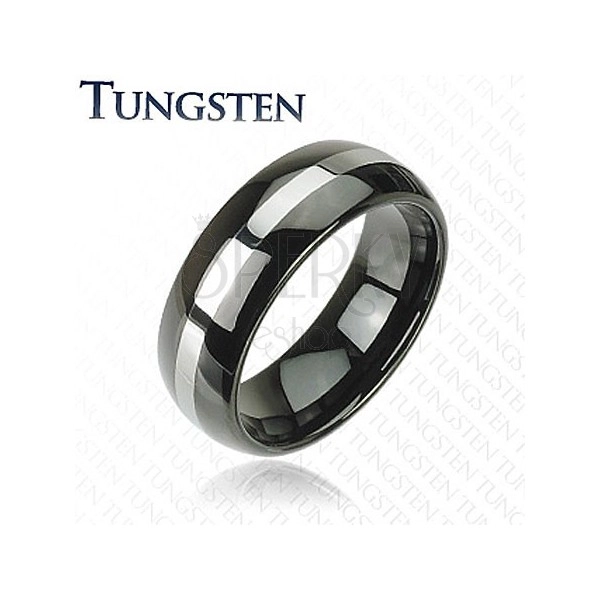 Fekete tungsten karikagyűrű, ezüst színű sáv, lekerekített felszín, 8 mm