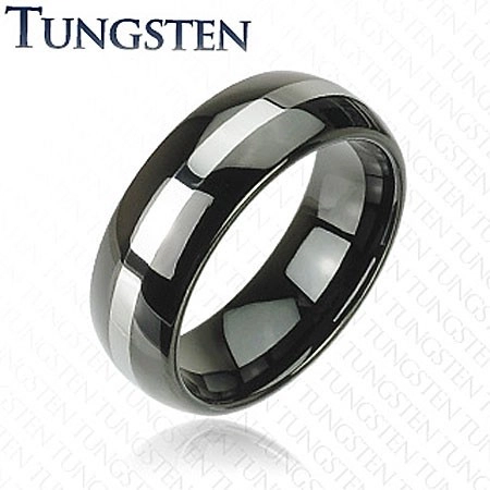 Fekete tungsten karikagyűrű, ezüst színű sáv, lekerekített felszín, 8 mm - Nagyság: 54