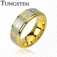 Arany színű tungsten gyűrű, keresztek és ezüst színű sáv, 8 mm