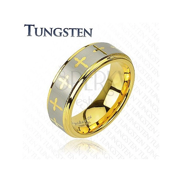 Arany színű tungsten gyűrű, keresztek és ezüst színű sáv, 8 mm