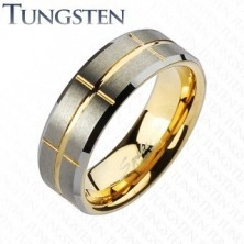 Kétszínű tungsten karikagyűrű, arany és ezüst árnyalatok, bevágások, 8 mm