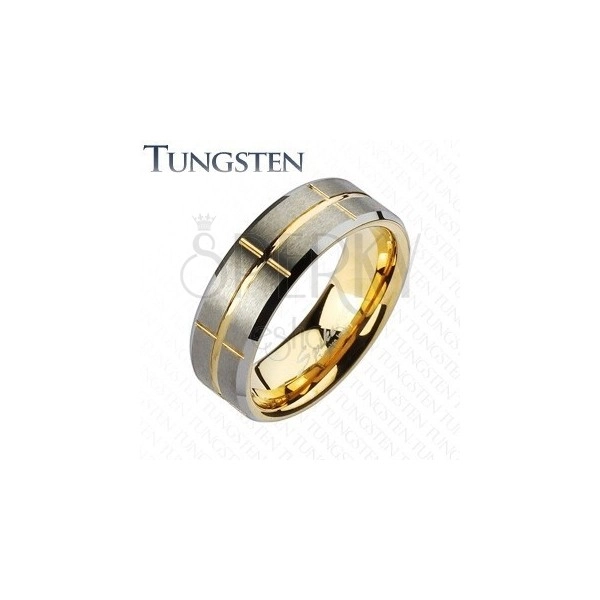 Kétszínű tungsten karikagyűrű, arany és ezüst árnyalatok, bevágások, 8 mm