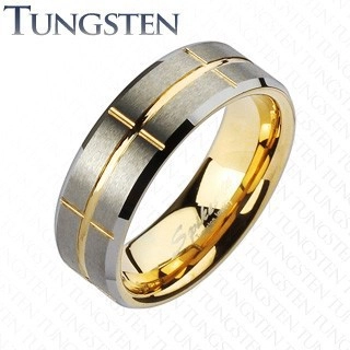 Kétszínű tungsten karikagyűrű, arany és ezüst árnyalatok, bevágások, 8 mm - Nagyság: 54