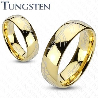 Tungsten karikagyűrű, lekerekített arany színű felszín, Gyűrűk ura motívum, 6 mm - Nagyság: 57