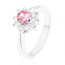 Fényes gyűrű keskeny sima szárakkal, cirkóniás virág rózsaszín és átlátszó színben