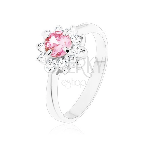 Fényes gyűrű keskeny sima szárakkal, cirkóniás virág rózsaszín és átlátszó színben