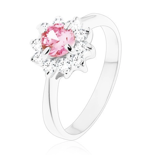 Fényes gyűrű keskeny sima szárakkal, cirkóniás virág rózsaszín és átlátszó színben - Nagyság: 57
