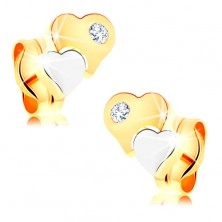 Fülbevaló 14K aranyból - kétszínű fényes szív, átlátszó cirkóniák