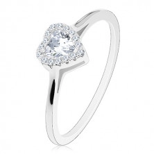 925 ezüst gyűrű, csillogó átlátszó cirkónia szív kerek cirkóniákkal szegélyezve